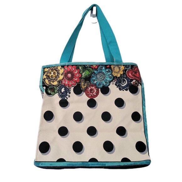 Brighton Tote Bag NWT Summer Of Love Heart Flowers Turquoise Ivory Polka Dot - Picture 2 of 4